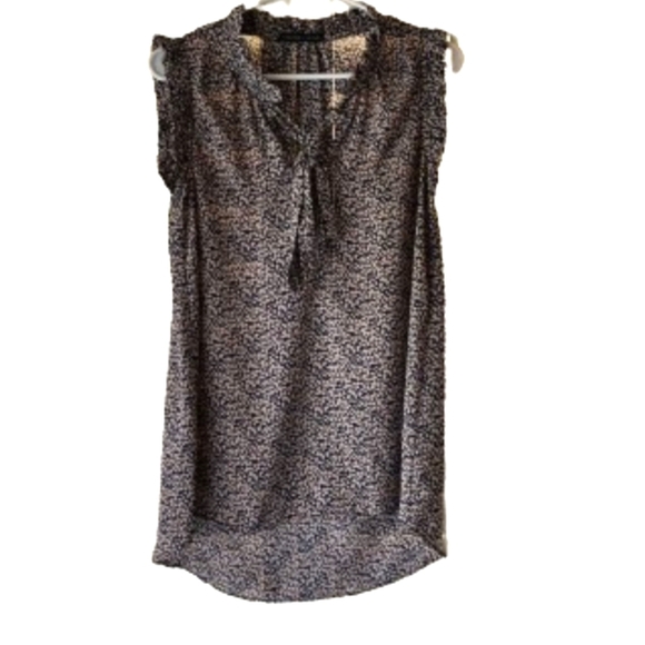 Harlowe & Graham Blue Cream Sleeveless Floral Ruffled Tie Neck Office Blouse L - Picture 3 of 11